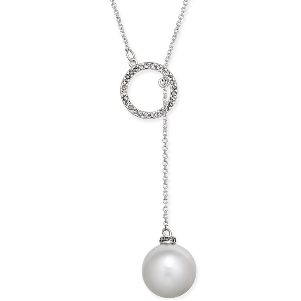 Pearl and Pavé Circle Lariat Necklace